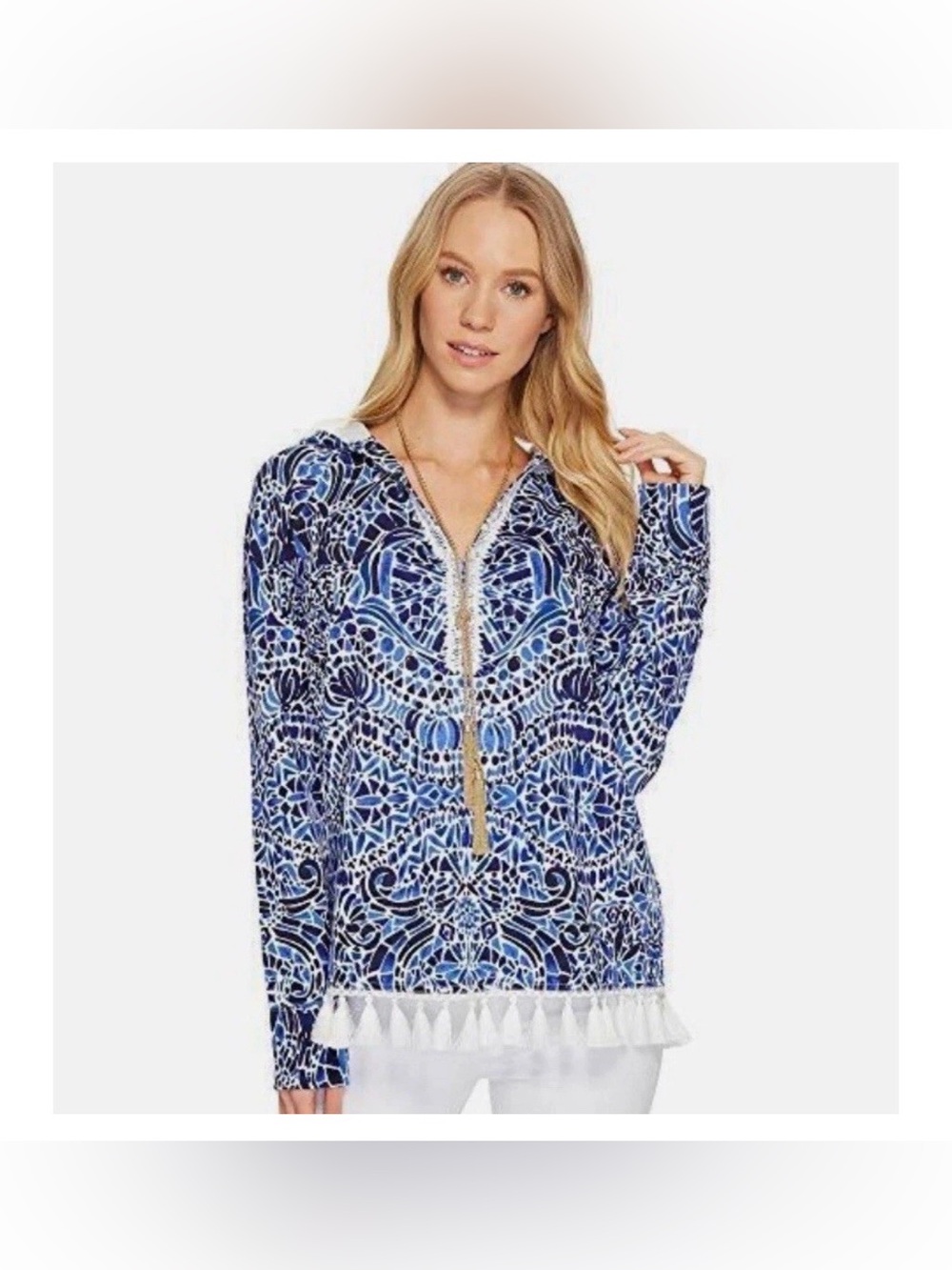 Lilly Pulitzer UPF 50+ Harmon Hoodie in navy taverna tile allover print size XXS